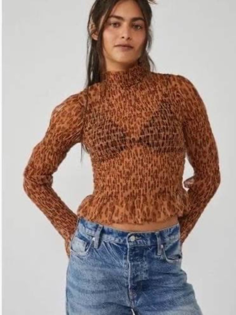 Free People Hello There Animal Print Mesh Smocked mock neck Top - MED (festival)